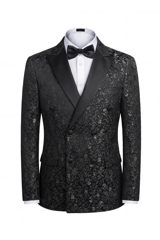 Costumes de mariage pour hommes à revers pointus croisés imprimés noirs en deux pièces