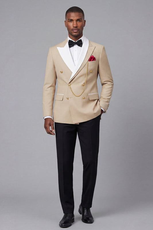 Costume de bal deux pièces pour hommes, revers pointus, croisé, couleur champagne
