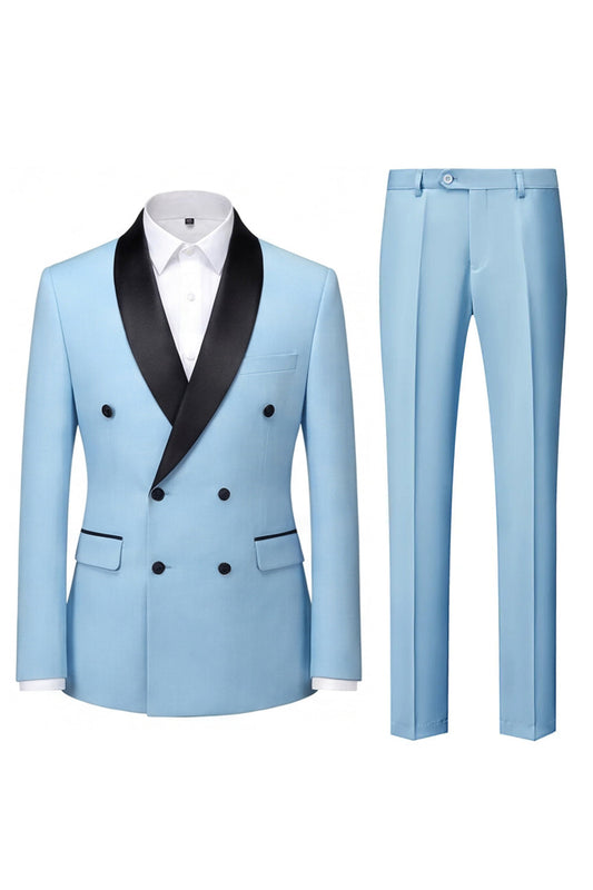 Costumes de bal pour hommes bleu clair 2 pièces à revers châle et double boutonnage