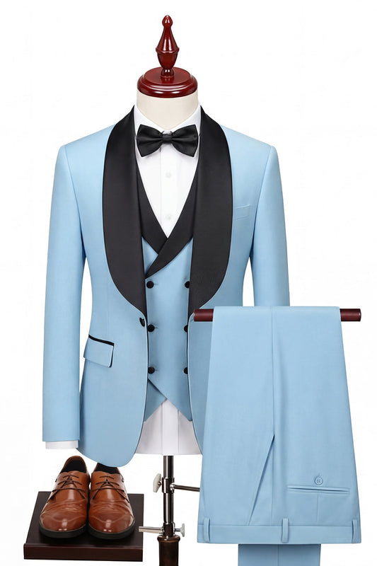 Costume de bal pour homme bleu clair 3 pièces, revers châle, un bouton