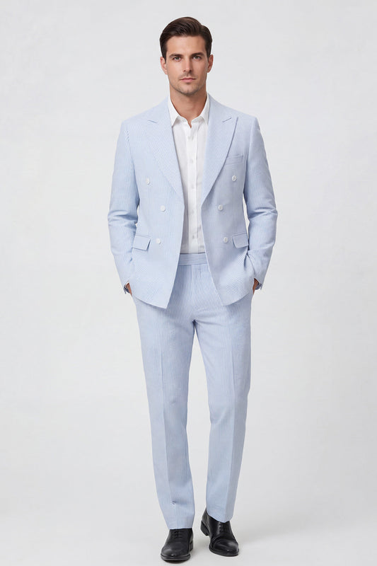 Costume de fête 2 pièces bleu clair à revers crantés croisé pour homme
