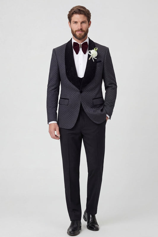 Costume de mariage homme 2 pièces noir, avec revers châle, un bouton et perles