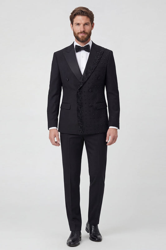 Costumes de bal pour hommes, deux pièces, noir, à revers pointus et double boutonnage, avec perles