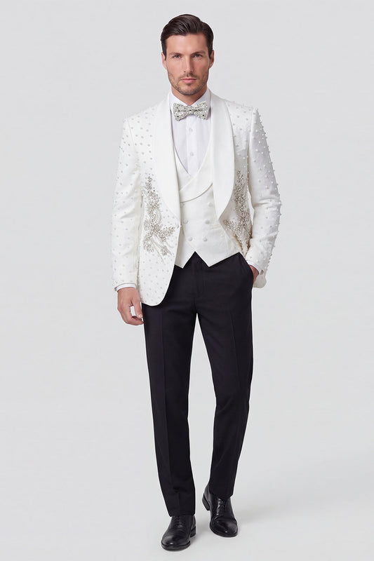 Costume de Mariage Homme Blanc 3 Pièces à Revers Châle et Un Bouton, avec Perles