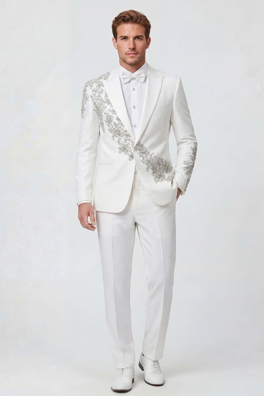 Costume de mariage 2 pièces blanc à revers pointus et un bouton pour homme avec perles