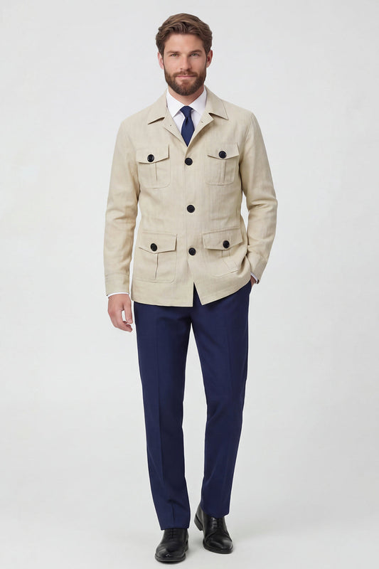 Veste homme beige à revers crantés et simple boutonnage