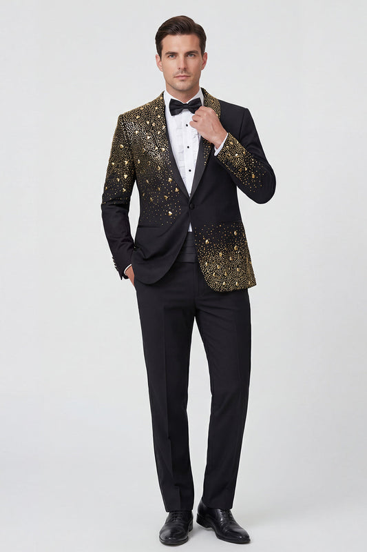 Costume de bal deux pièces noir pour hommes avec col châle, bouton unique et perles