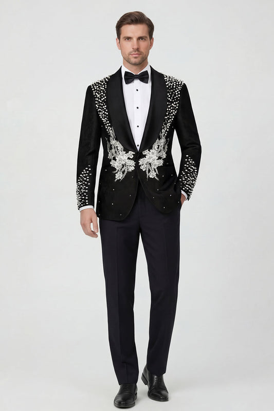 Costume de mariage 2 pièces pour homme avec revers châle noir, un bouton et perles