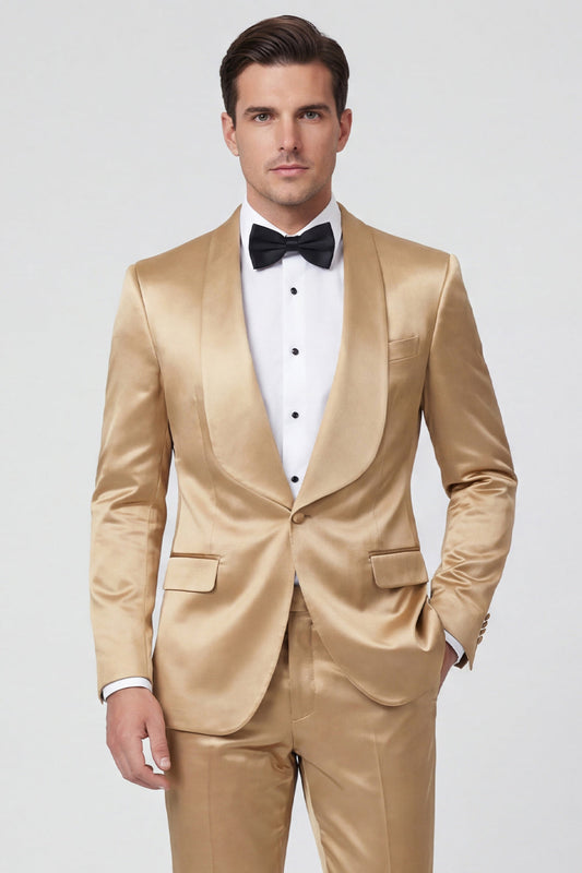 Costumes de bal pour hommes avec revers châle champagne, 2 pièces, un bouton