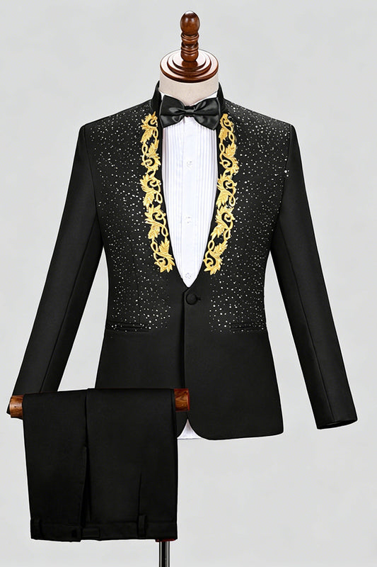 Costumes de bal pour homme noirs à revers en satin, perlés, un bouton