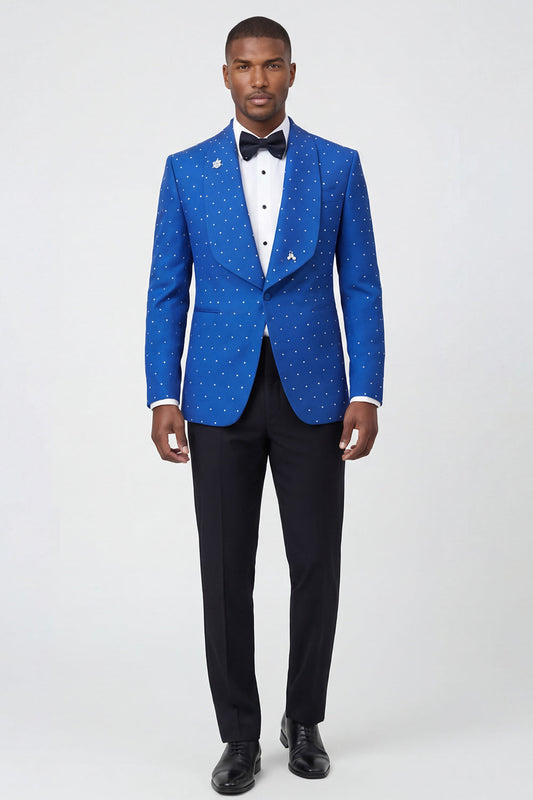 Costume de bal deux pièces bleu pour homme avec revers châle, un bouton et perles