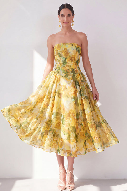 A-Line Yellow Strapless Chiffon Printed Midi Floral Dress