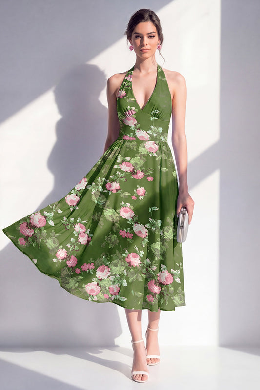Robe midi trapèze en mousseline vert foncé à encolure américaine et imprimé floral