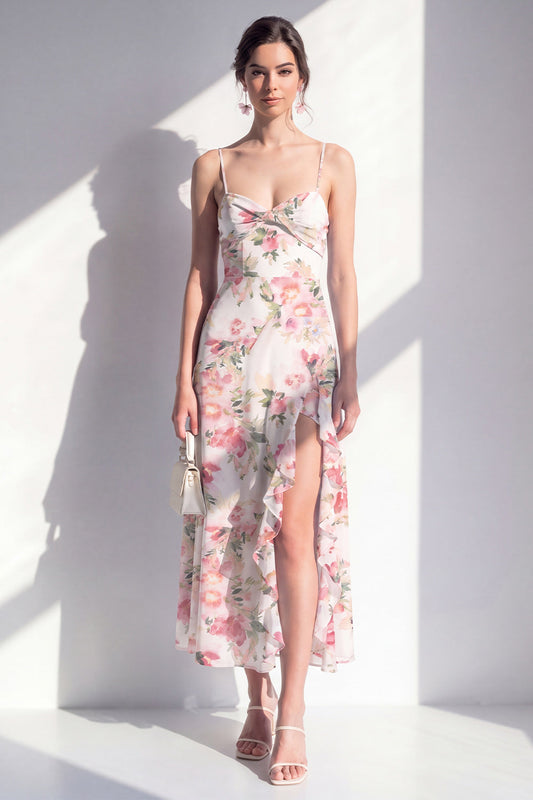 Pink Flower Spaghetti Strapless Sheath Chiffon Ruffled Midi Dress with Slit