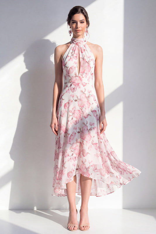 Pink Flower A-Line Chiffon Halter Neck Midi Dress