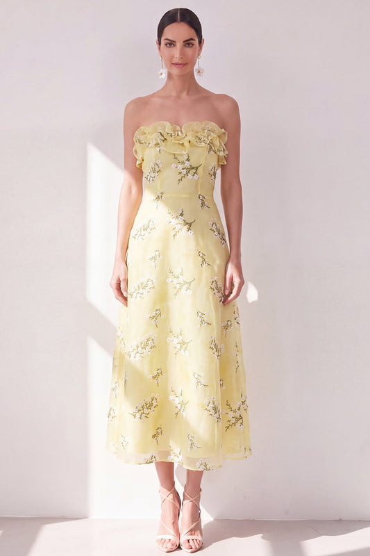 Yellow A-Line Strapless Chiffon Ruffled Midi Floral Dress