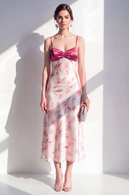 Pink A-Line Satin Spaghetti Straps Floral Midi Dress