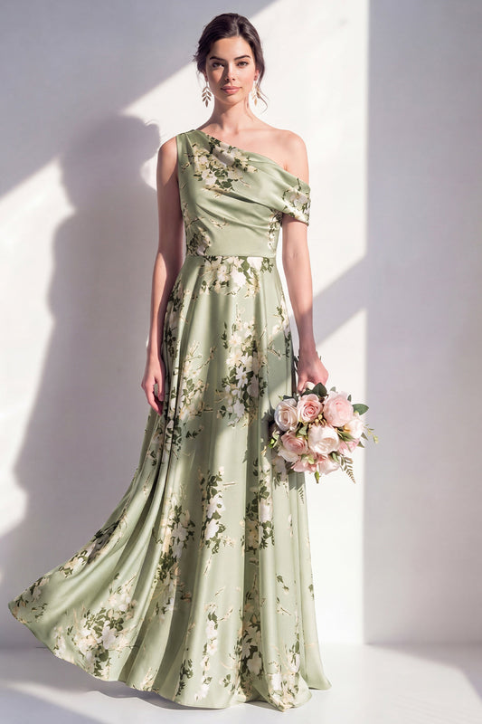 One-Shoulder A-Line Sage Green Satin Floral Long Bridesmaid Dress