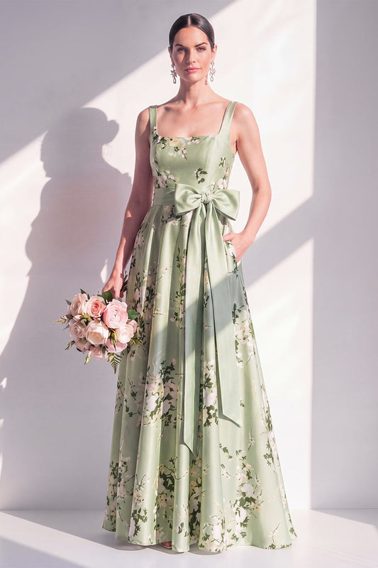 Satin A-Line Sage Green Square Neck Floral Long Bridesmaid Dress with Belt