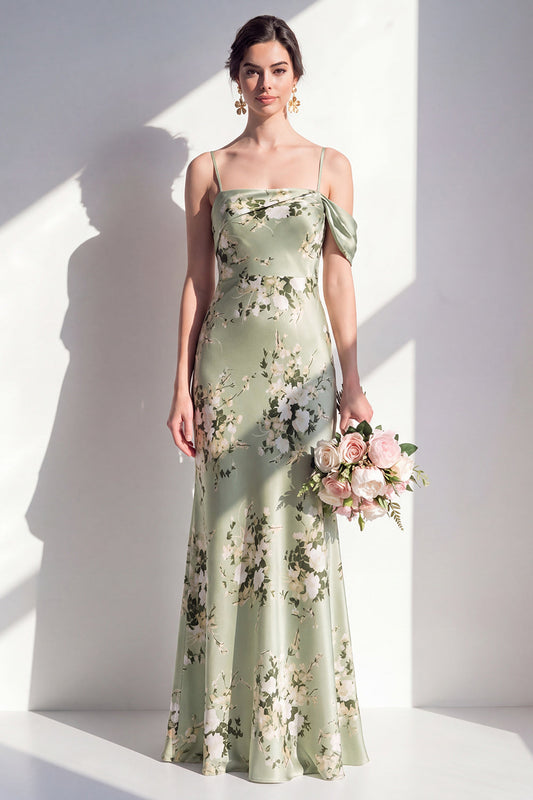 Satin Sage Green Mermaid Floral Spaghetti Straps Long Bridesmaid Dress