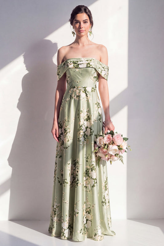 Vestido largo de dama de honor verde salvia de satén floral sin hombros con corte en A