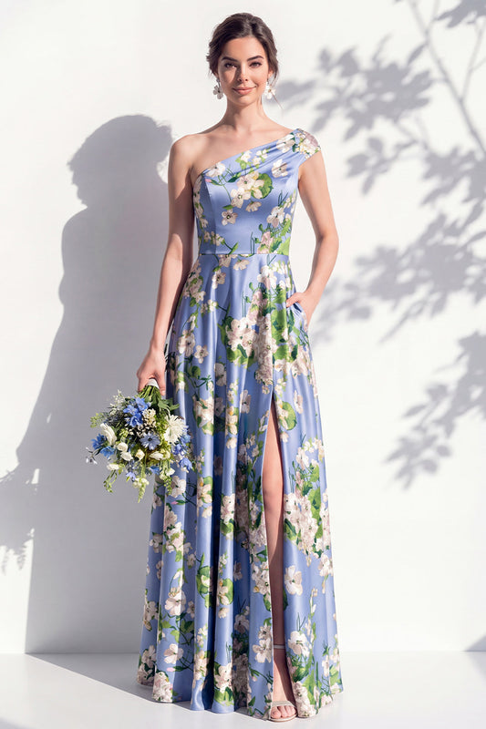 One Shoulder Blue Floral A-Line Bridesmaid Dress with Slit