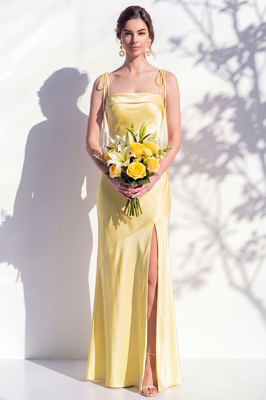 Robe de Demoiselle d'Honneur Fourreau Jaune à Bretelles Fines et Fente