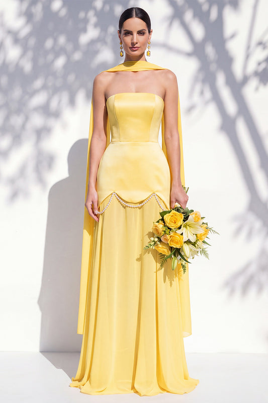 Robe de demoiselle d'honneur trapèze jaune sans bretelles avec foulard