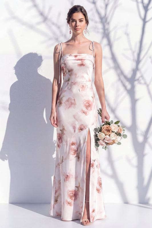 Ivory Red Floral Spaghetti Straps Sheath Bridesmaid Dress with Slit