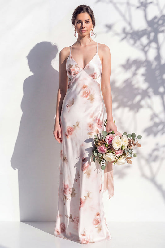 Vestido de Dama de Honor Tubo con Tirantes Espagueti y Flores Rojas Marfil