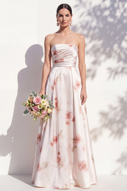 Robe de demoiselle d'honneur trapèze bustier ivoire à motif floral rouge