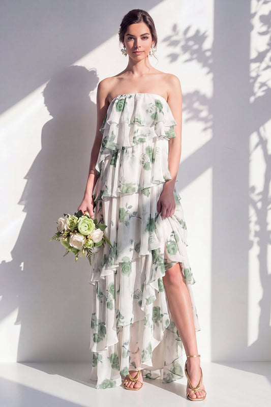 Robe de demoiselle d'honneur trapèze fleurie verte sans bretelles à plusieurs niveaux