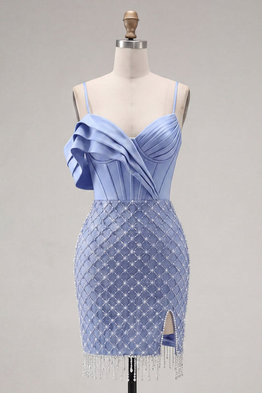 Satin Blue Corset Bodycon Ruched Beaded Short Prom Dress with Slit