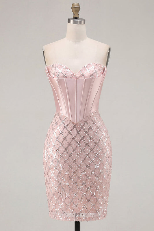 Robe Courte de Bal de Promo en Satin Corset à Paillettes Sweetheart Blush