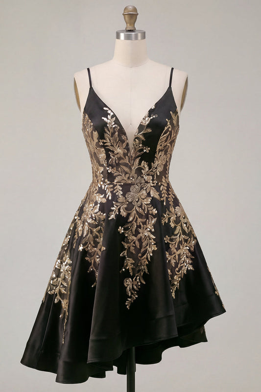 A-Line Black Satin Sequin Asymmetrical Short Prom Dress