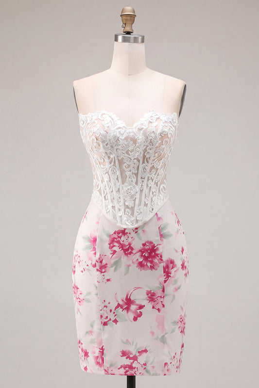 White Fuchsia Flower Sweetheart Bodycon Sheer Corset Short Prom Dress