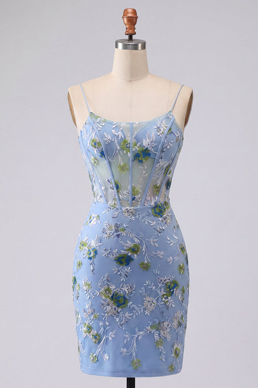 Blue Bodycon Embroidered Floral Sheer Corset Short Prom Dress