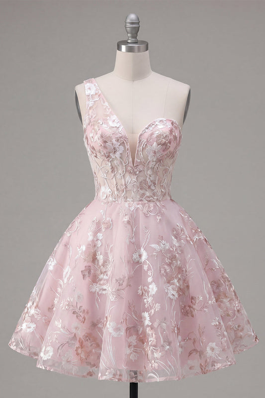 Robe de bal rose en A, asymétrique et fleurie