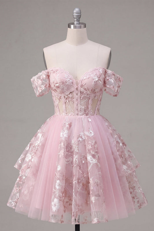 Off the Shoulder Pink A-Line Sheer Corset Floral Homecoming Dress
