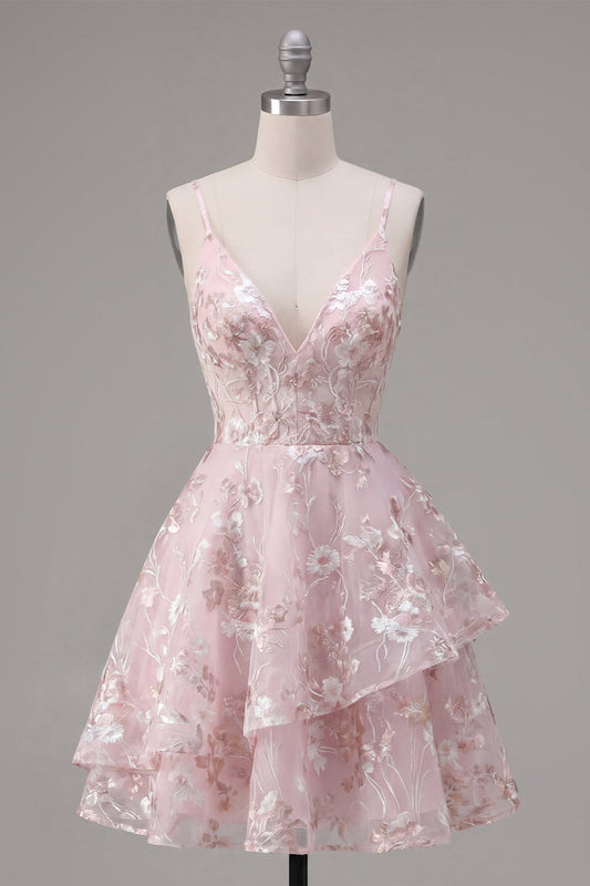 Robe de bal trapèze rose à bretelles spaghetti avec corset et motifs floraux