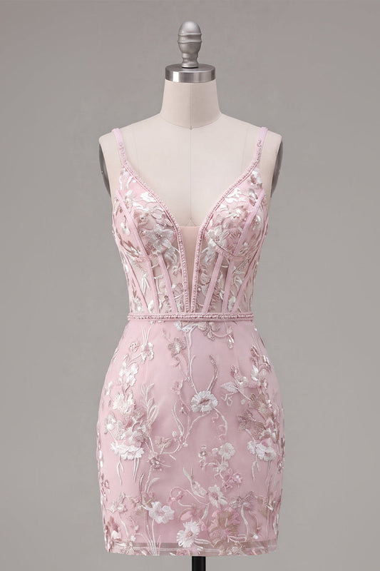Robe de bal rose moulante à bretelles spaghetti et imprimé floral