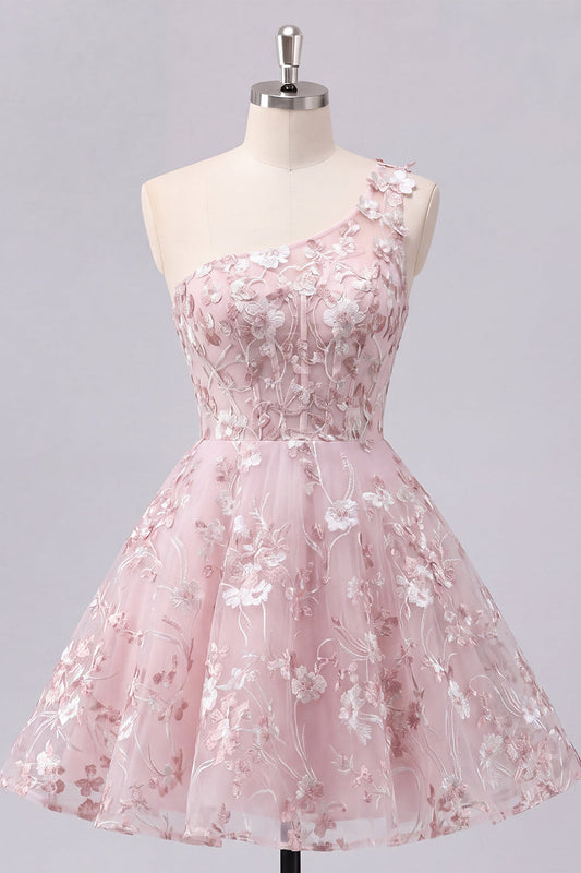 Robe de bal florale trapèze corset asymétrique rose