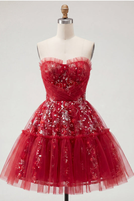Sparkly Red A-Line Short Beaded Ruched Floral Homecoming Dress with Ruffles