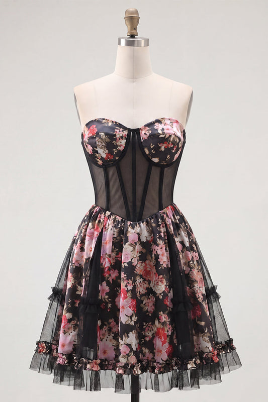 Robe de bal courte bustier trapèze corset fleur rose noir