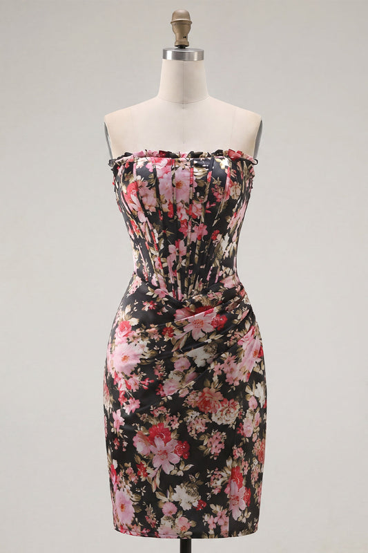 Robe bustier courte et moulante de retour à la maison, couleur fleur rose noire, froncée