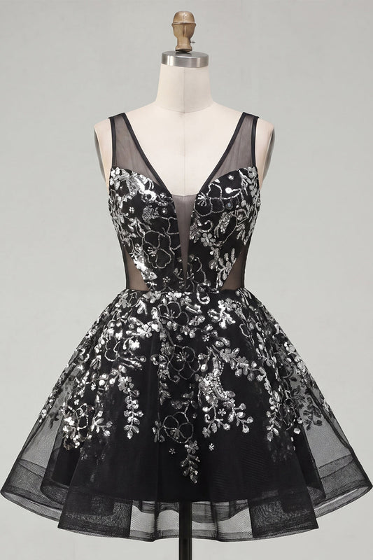Floral Sparkly Black Sequin A-Line Short Homecoming Dress