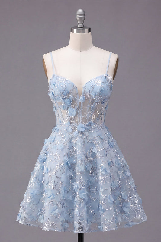 Sparkly Blue Spaghetti Straps Floral Sequin A-Line Short Corset Homecoming Dress