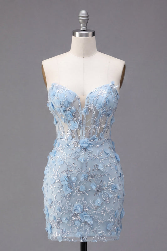 Floral Sparkly Blue Corset Tight Short Strapless Homecoming Dress with Beading
