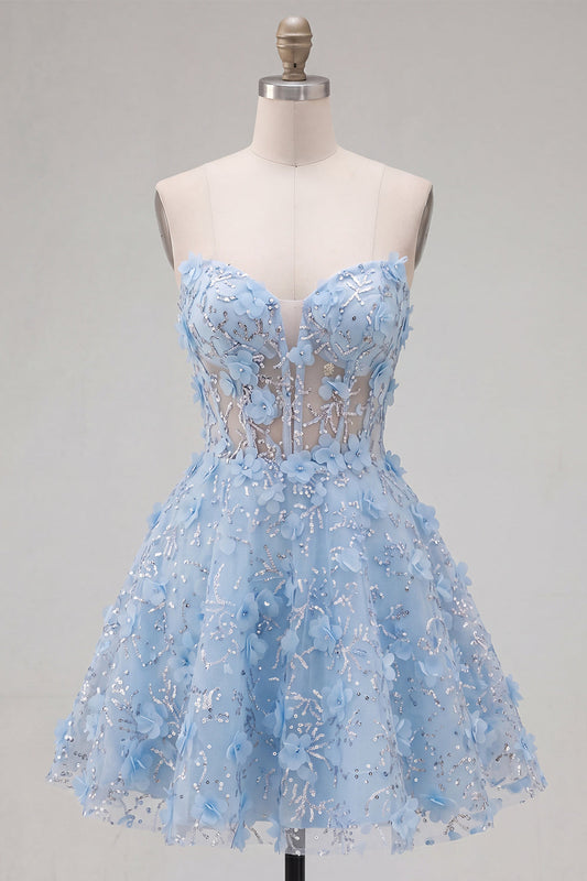 Sparkly Blue A-Line Floral Corset Short Strapless Homecoming Dress with Beading