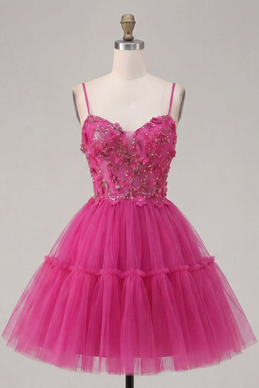 Sparkly Fuchsia A-Line Floral Beaded Short Corset Spaghetti Straps Homecoming Dress